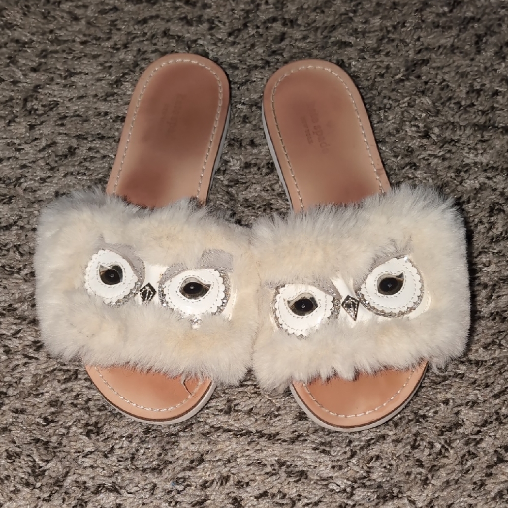Kate Spade Cream and White Furry Slide with Cute Owl Face Design